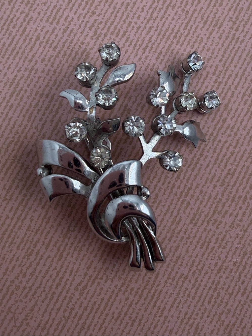 Vintage Karu Rhinestone Floral Spray Brooch Silver Tone Bouquet Pin Mid Century